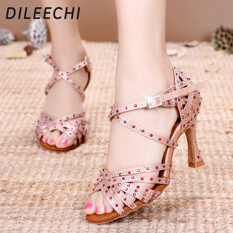 

DILEECHI Women Salsa party Ballroom shoes Latin dance shoes big small rhinestone shining sandals skin satin Cuba heel 9cm