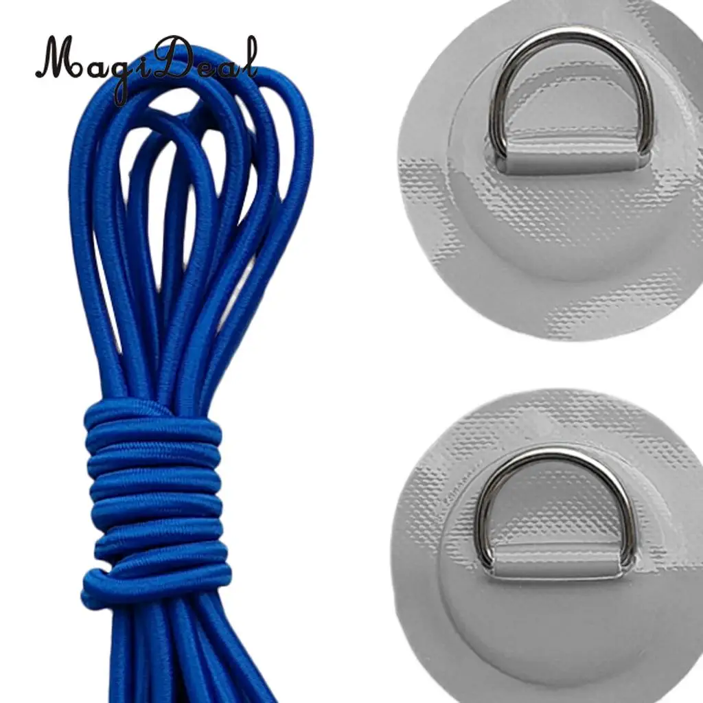 Pack 6 Stainless Steel D-Ring Patch/Pad & 5mm x 5m Elastic Shock Cord Rope for PVC Inflatable Boat Kayak Raft Dinghy - 6 Colors
