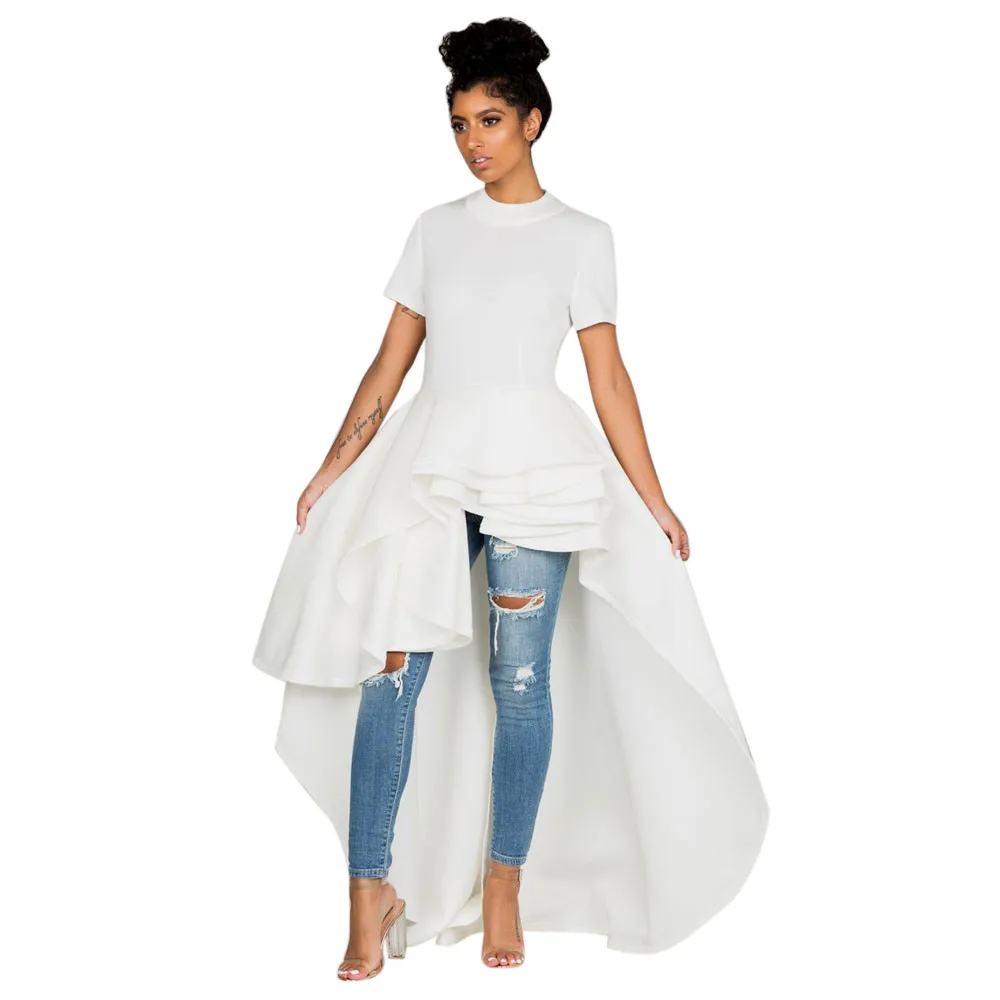 Free Ostrich Women Short Sleeve High Low Peplum Dress Bodycon Casual Party Club Dress Casual O NECK dress vestidos D0235