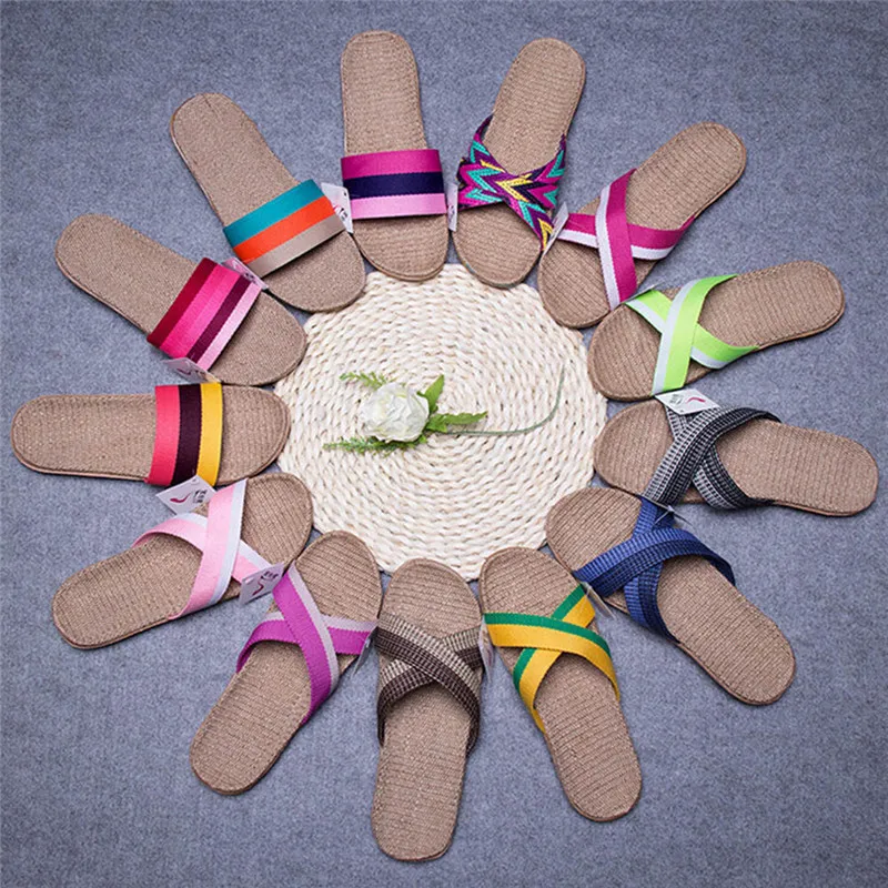 

2019 Women Men Anti-slip Linen Home Indoor Summer Open Toe Flats Shoes Slippers indoor & outdoor Flip-flops 40JA29