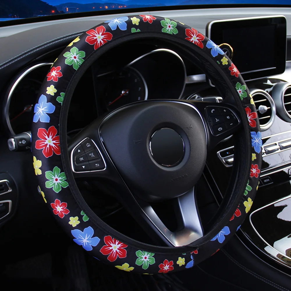 Colorful Flowers FORAUTO чехол рулевого колеса автомобиля с цветочным принтом Противоскользящий автомобильный Стайлинг эластичный 38 см рулевые Чехлы универсальные аксессуары для интерьера - Название цвета: Colorful Flowers