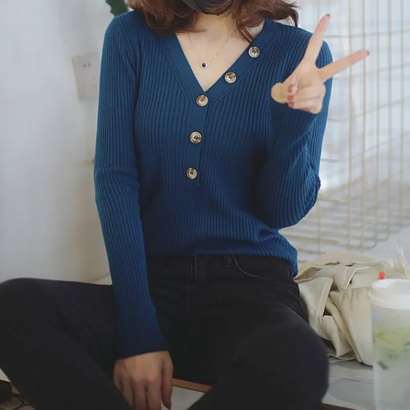 

Winter Solid Warm V-neck Knit Stripe Button Women Sweater Autumn Femme Pull Soft Female Pullovers Sweater Bottoming Tops 2019 1X