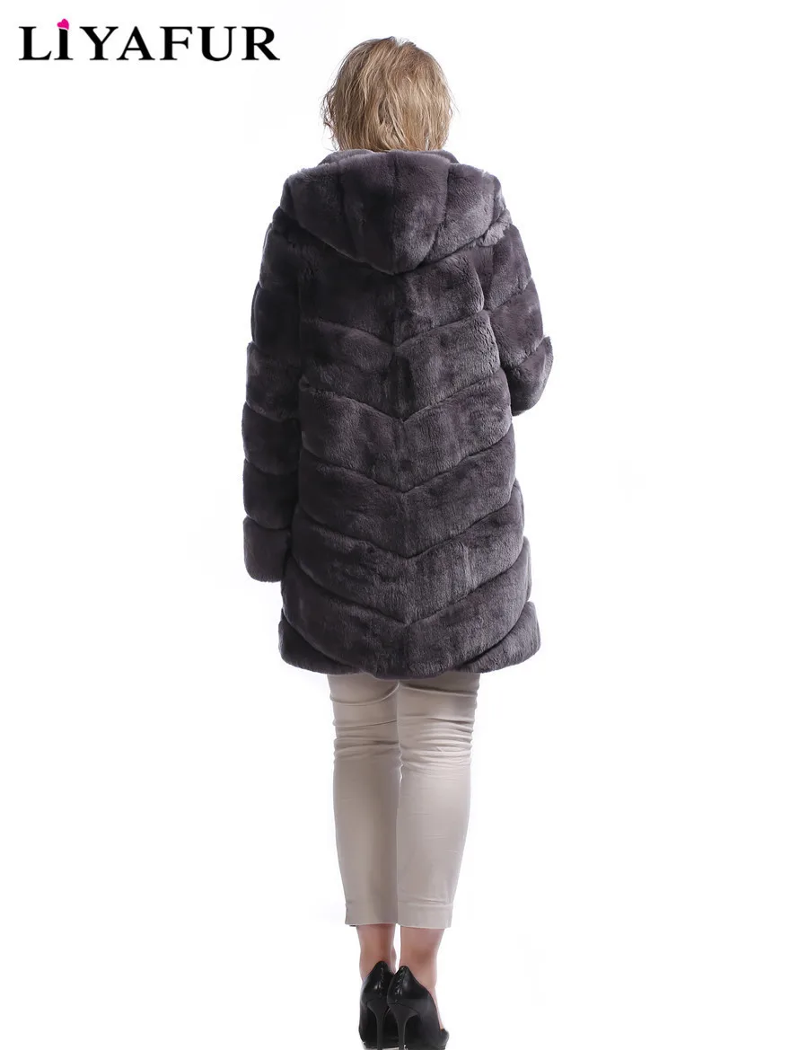 LIYAFUR дизайн длинные Рекс кролика с капюшоном пальто для Для женщин зимние теплые модные меховым капюшоном пальто куртка натуральная меховая верхняя одежда