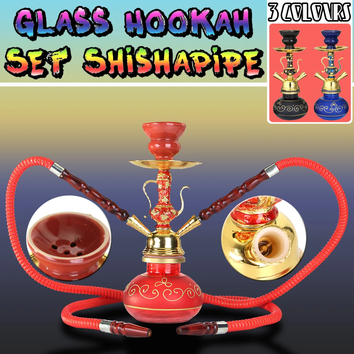 Buy 3 Colors Glass Metal Shisha Hookah Pipe Set Arab