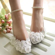 Fashion belt white wedding shoes lace flower pearl bridal shoes bridesmaid shoes low-heeled shoes 5cm large size 41-42
