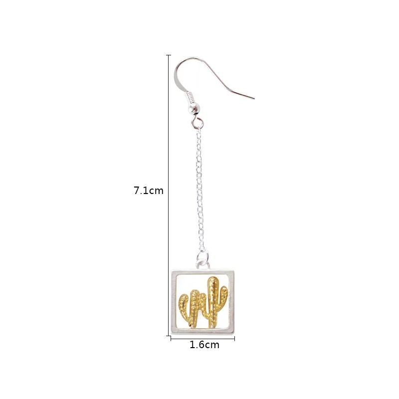 Cute Japanese Plant Square Frame Long Tassel Chain Drop Earrings Metal Gold color Cactus For Women Lady Party | Украшения и