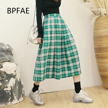Новое поступление, весенние зеленые клетчатые юбки в английском стиле, женские юбки средней длины с высокой талией, плиссированные юбки, винтажная юбка-зонтик