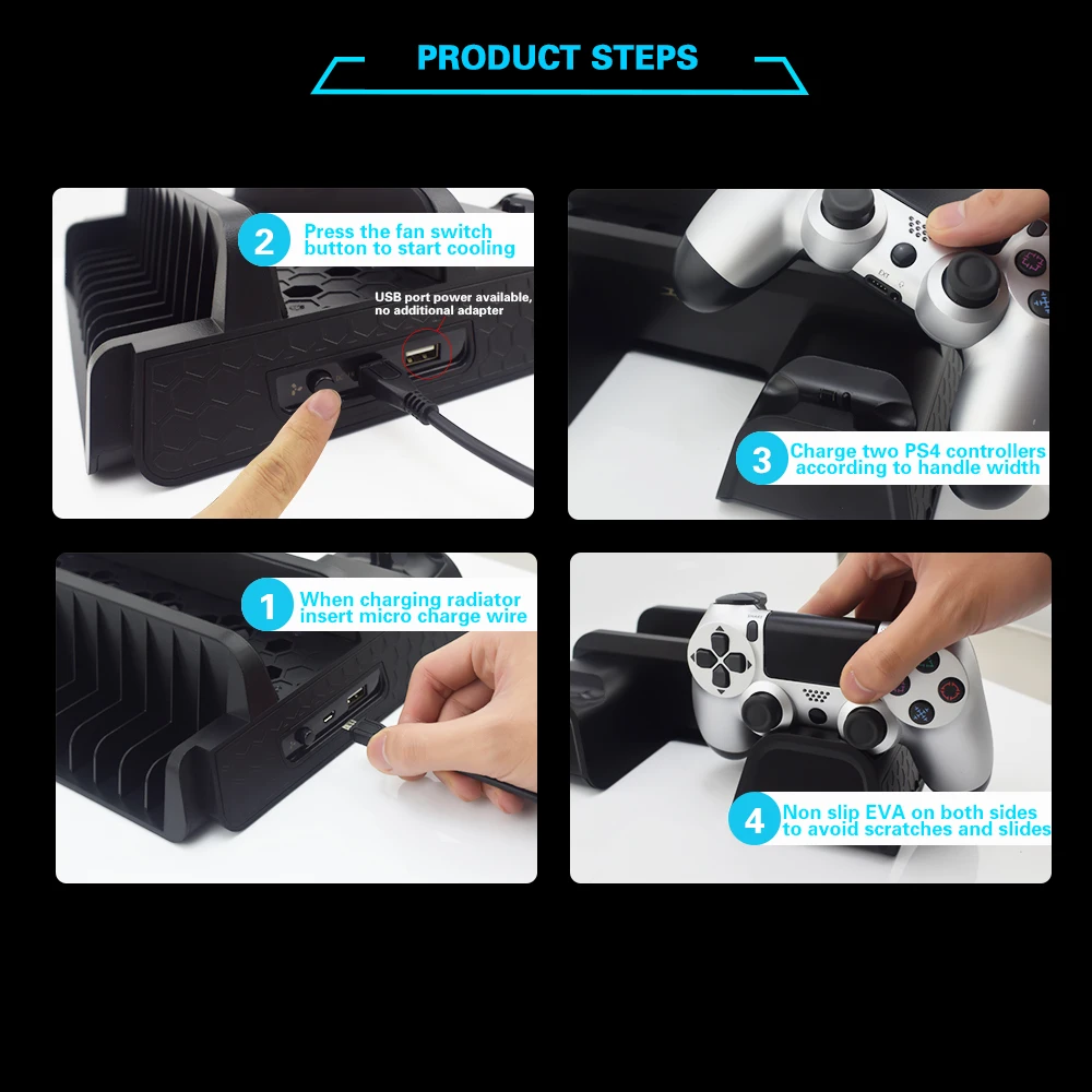  PS4 Cooling Fan Heat Sink Base Vertical Charger Stand Dual Controller Charging Dock for Playstation