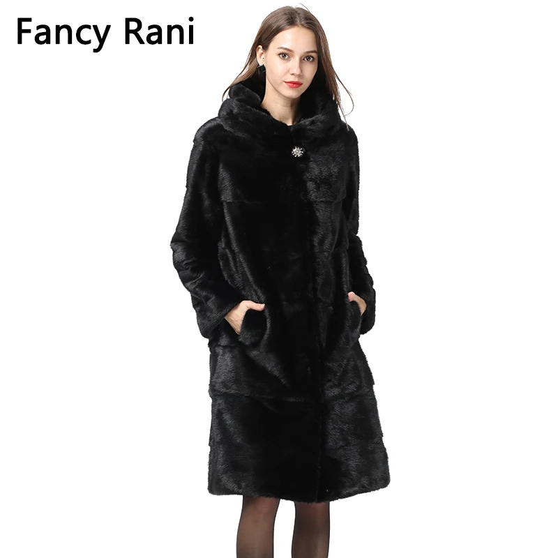 

Women Natural Mink Fur Coat Hooded Winter Long Jacket Detachable Cuff/Hem Whole Skin Real Mink Fur Overcoat Oversized Customized