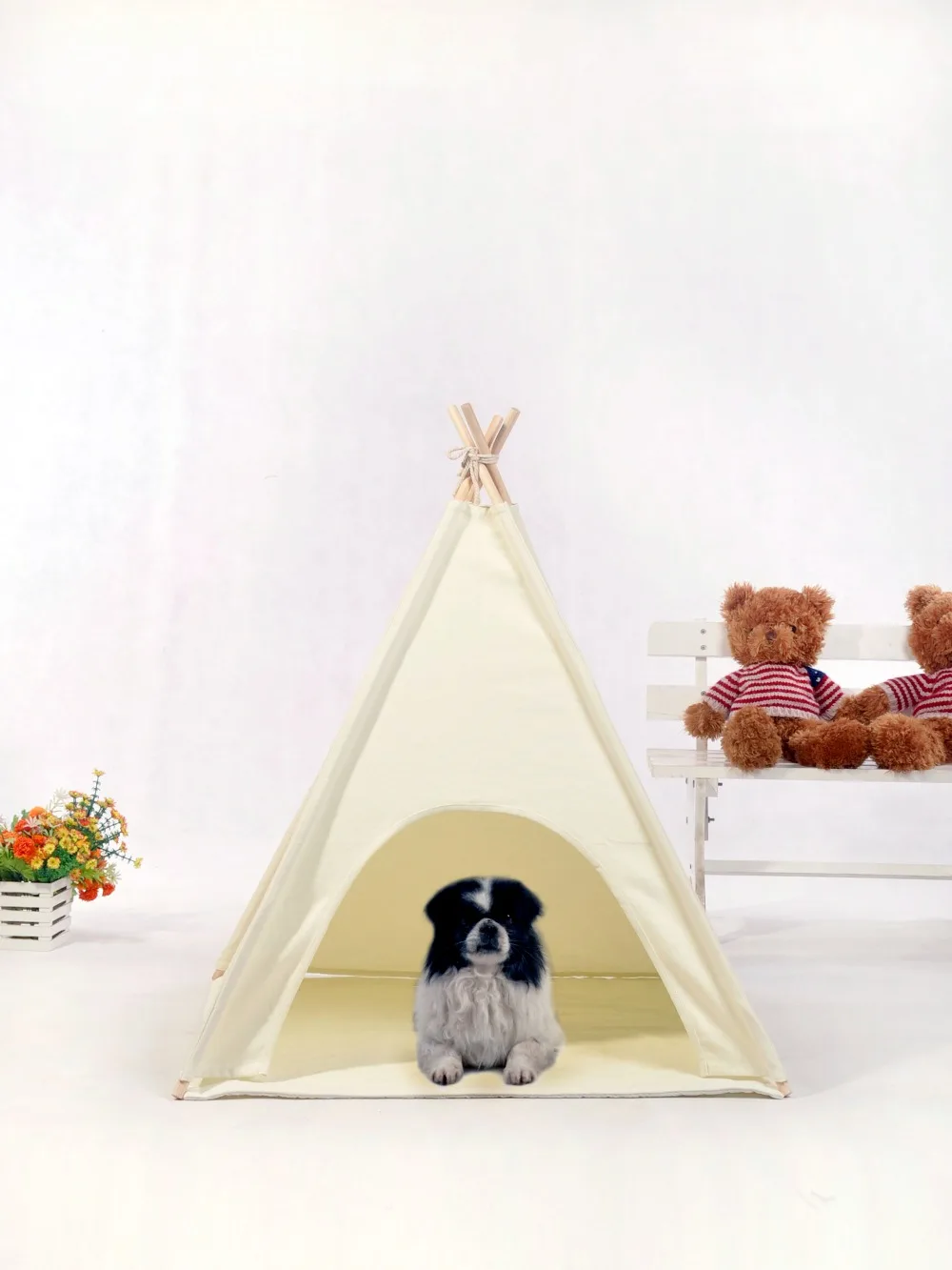 

Large Handmade Natural Canvas Hunde Zelt Tipi Dog Teepee with Round Door with floor mat 28" Base