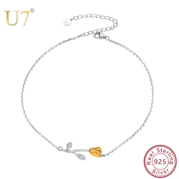 U7 925 Sterling Silver Anklet Women Barefoot Leg Chain Rose Flower Bracelet cheville Beach Foot Jewelry Adjustable Length A329