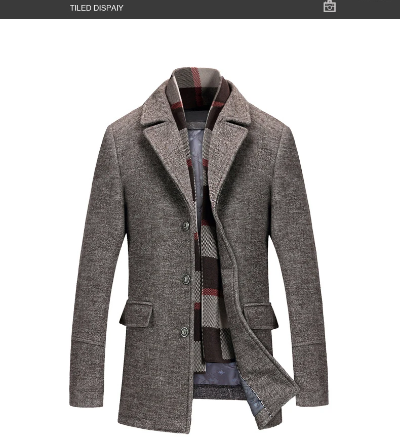 Новинка, зимнее шерстяное пальто высокого качества, толстый Съемный шарф, шерстяные пальто для мужчин