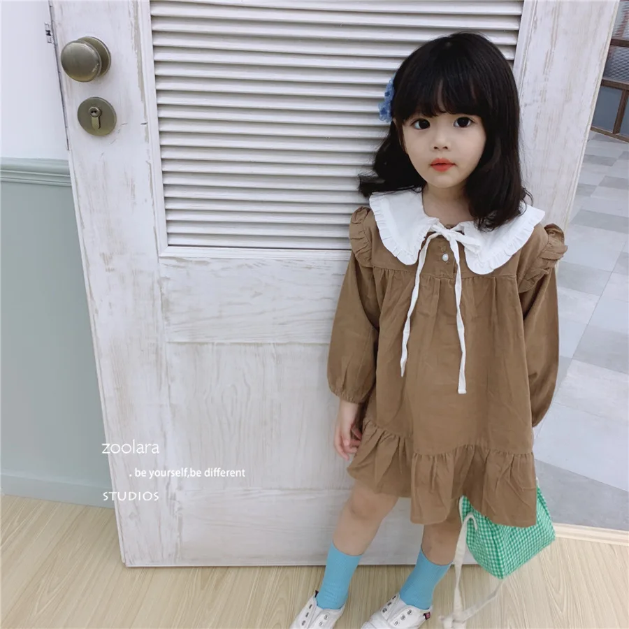 Платье с оборками в Корейском стиле для девочек осенние модные платья с длинными рукавами для девочек 2-7 лет