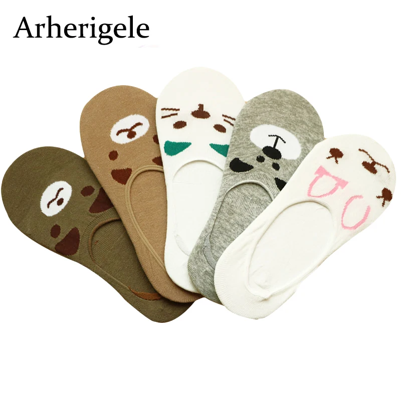 Arherigele/5 пар, женские носки с рисунками из мультфильмов, летние носки с рисунками животных по щиколотку, тапочки для женщин, невидимые низкие носки, женские носки-башмачки