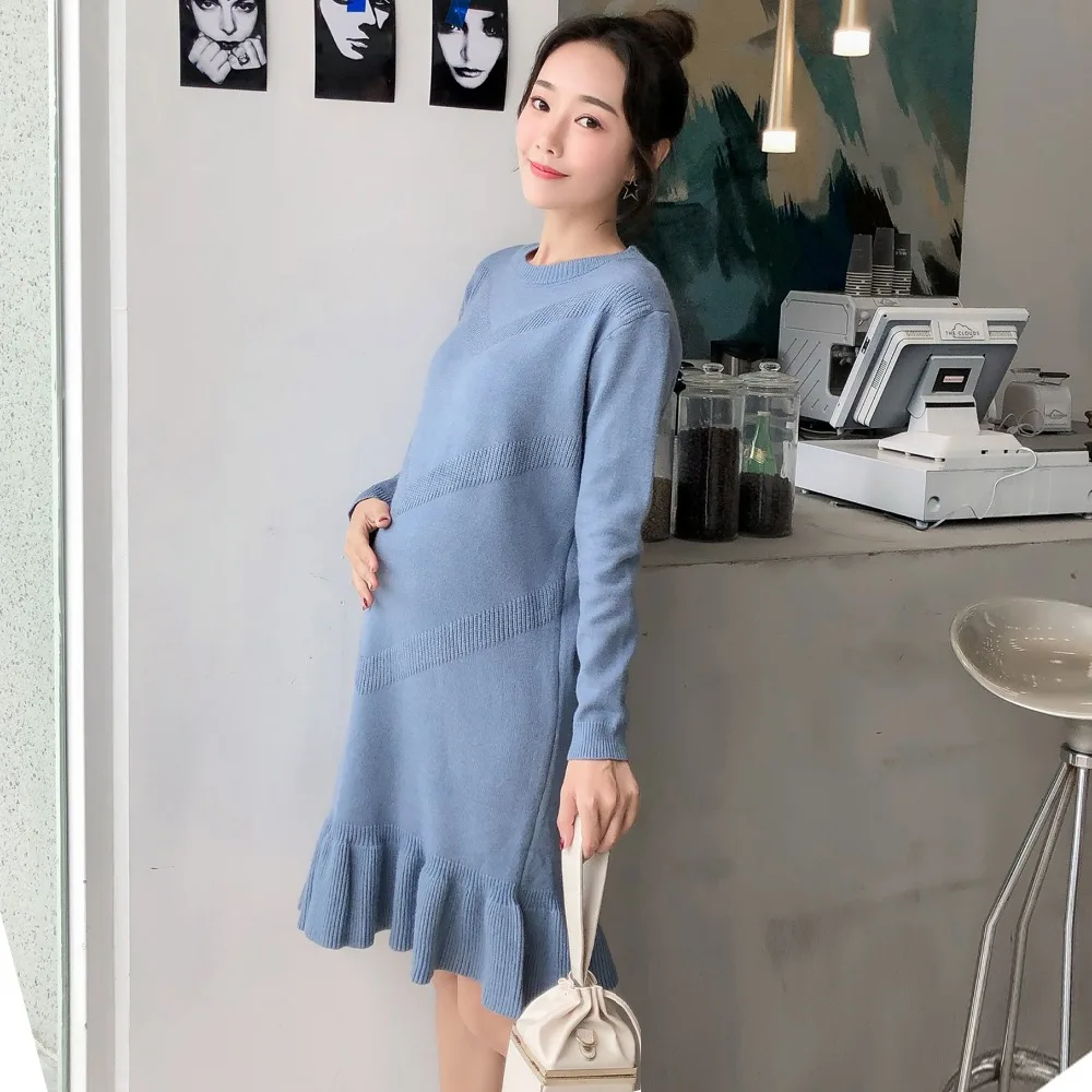 Maternity Plus Size Loose Knit Dress for Pregnant Women Solid Ruffles Sweater Dresses Pregnancy Clothes Casual Long Pullovers | Мать и