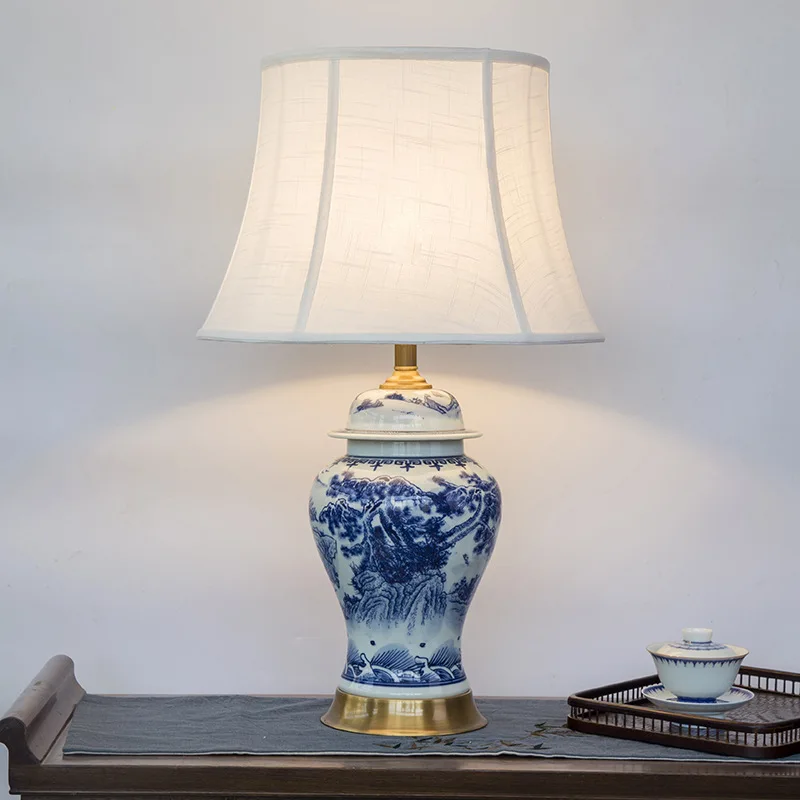

Jingdezhen Modern Ceramic table Lamp Creative Blue And White Landscape temple jar Living Room Hotel Study Desk table Lamp