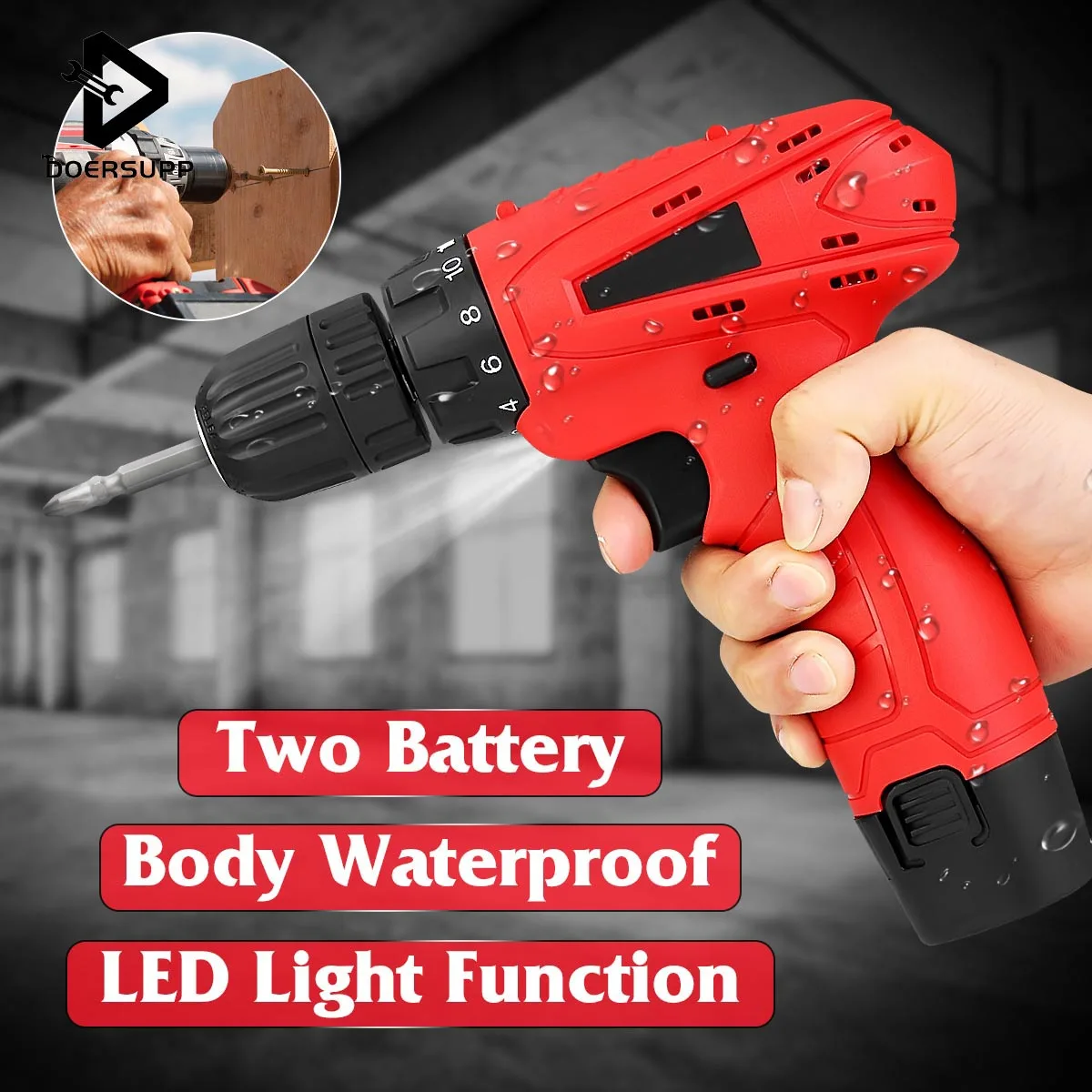 

1500Ah 12V Cordless Electric Drill with Two Lithium-ion Batteries Rechargeable Screwdriver Driver Set 10mm Chuck Power Tools