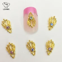 LEAMX 10 PCS/bag AB Rhinestone Nails Art Decoration 3D Hollow Nail Charms Gold Alloy Jewelry For Manicure Decor Accessories L382