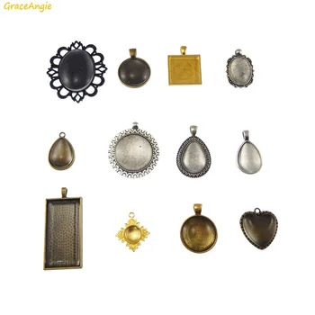 

GraceAngie 12sets Multi Antique Color Mix Round Heart Drop Square Rectangle Shape Cabochon Zinc Alloy Base Transparent Glass Set