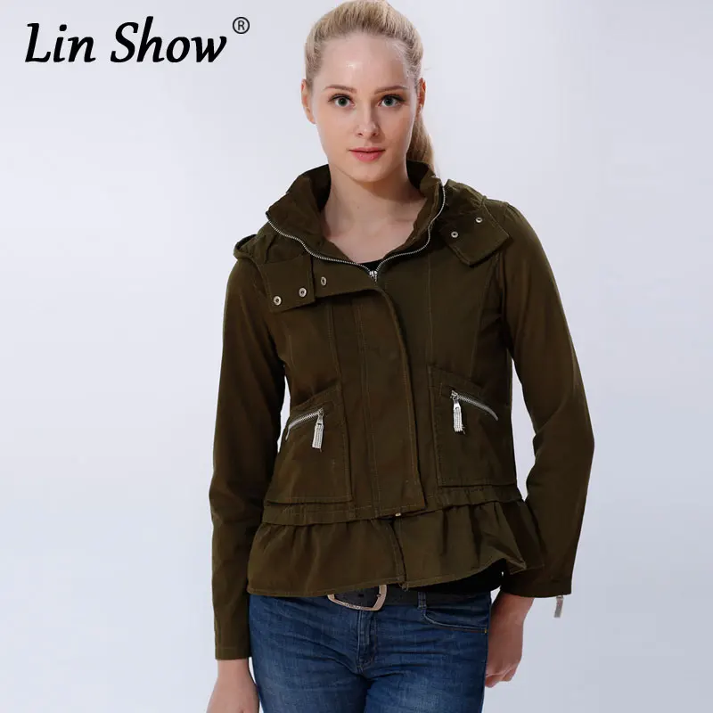 LINSHOW Ruffles Hooded Army Zippers Women Bomber Jadkets 2017 Pockets