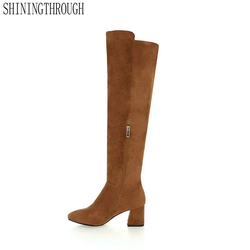 

Ladies Autumn/Spring Shoes 6cm High Heel Women Over The Knee Boots Scrub Black Woman Motorcycle Boots Size 34-43