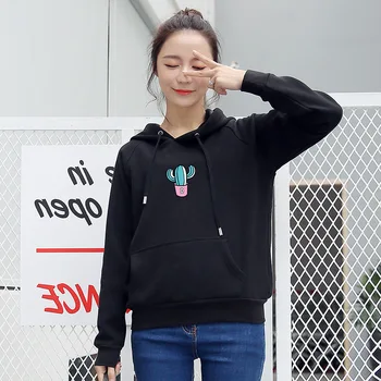 

Black White Hoodie Hooded Coat Autumn Loose Long Sleeve Casual Outerwear Tops Cactus Printed Sweatshirt Female Moletom 2018