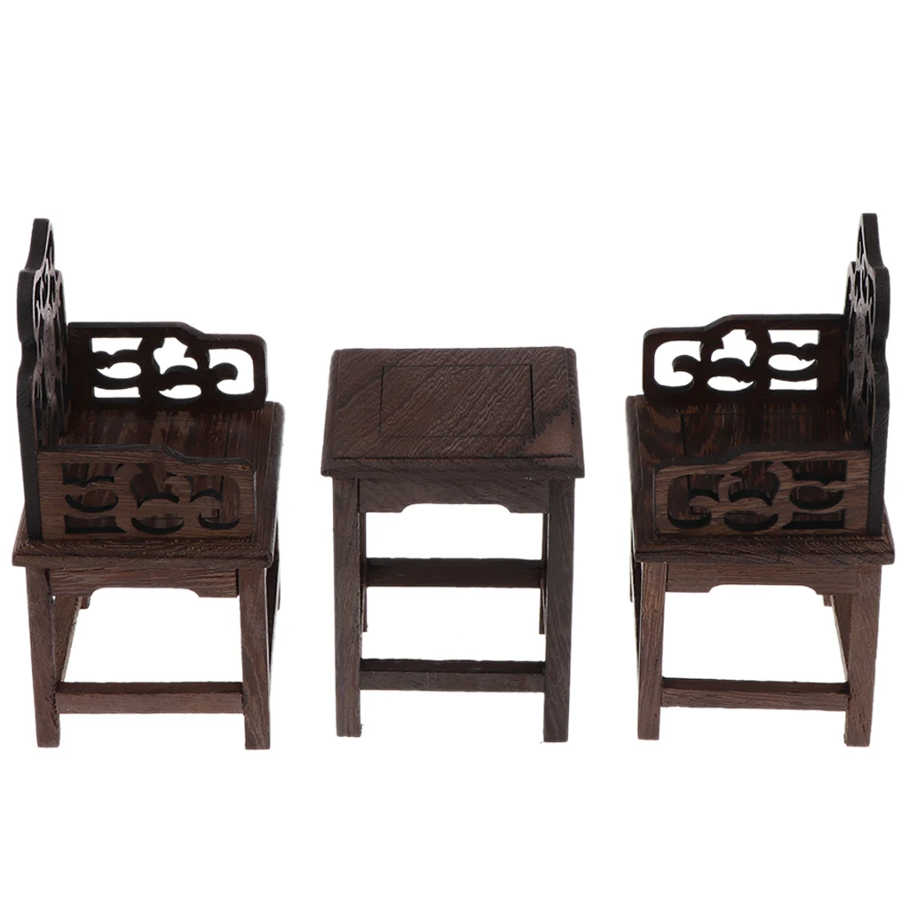 Mini Vintage Style Furniture Set, 1 Table and 2 Armchairs for 1/6 Dollhouse Dark Wood Tone, A
