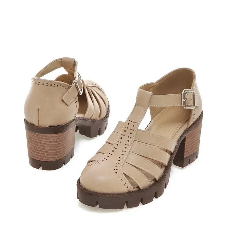 

Sandals Women 2017 Summer New British Style Med Heeled Cover Heel Rome Hollow Fashion Solid Casual Plus Size 42 43 Female Sandal