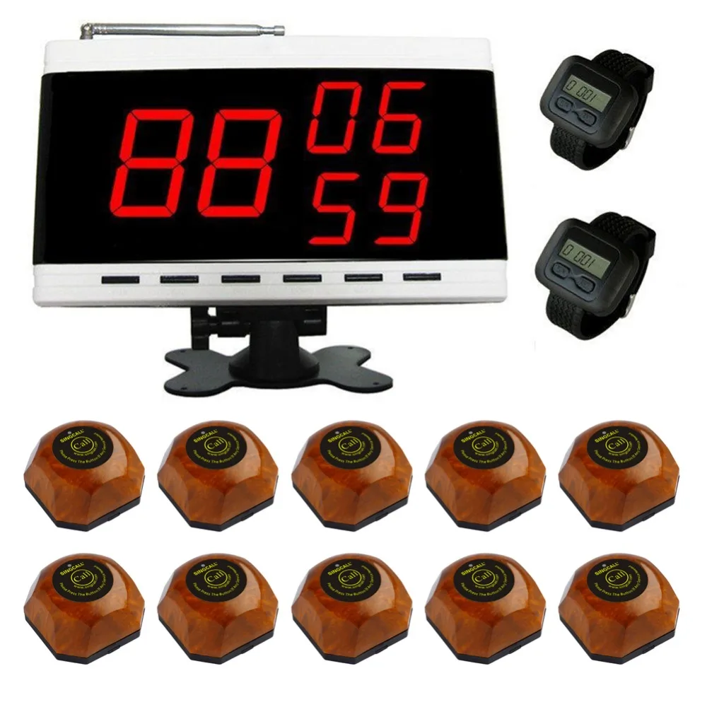 singcall.wireless Table Waiter Service Calling Paging System.Food restaurant call,10 bells and 2 watch receivers,1 Display.