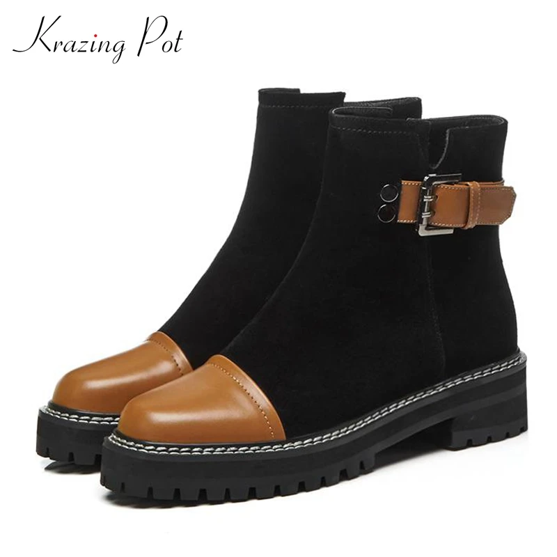 

Krazing Pot 2019 genuine leather cow suede round toe thick heels metal buckle handsome preppy style career work ankle boots L92