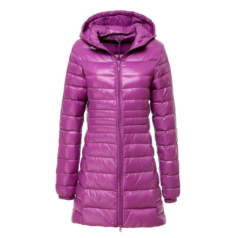 Новое прибытие осень зима с капюшоном тонкий длинный пуховик женщин тонкий ультра-тонкий легкий вес белая утка вниз пальто верхняя одежда - Цвет: Фиолетовый