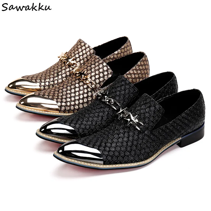 

Italian Design Leather Mens Shoes Iron Pointy Toe Stars Loafers Slip on Prom Men Casual Shoes Luxury Brand Flats With Chains