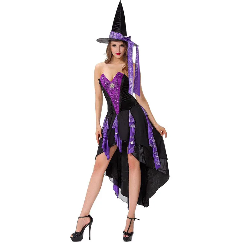 

Adult Women Halloween Sexy Witch Costume Purple Swallowtail Draped Corset Dress Cosplay Magic Masquerade Clothing For Ladies