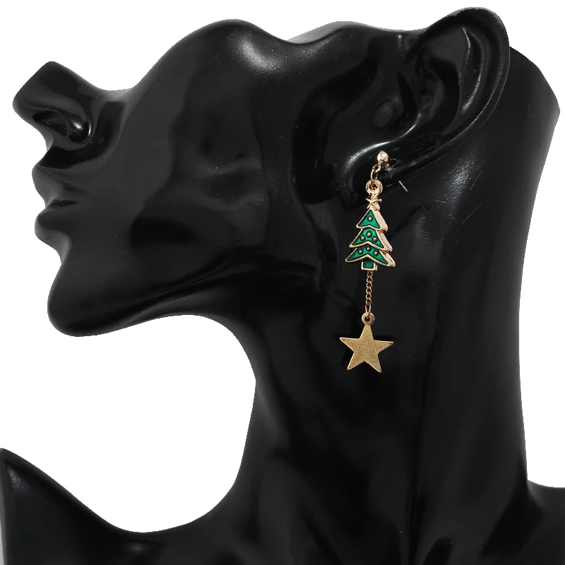 

Trendy Christmas Tree Cane Five-pointed Star Christmas Drop Earring Female Party Gift Asymmetric Dangle Earrings For Female