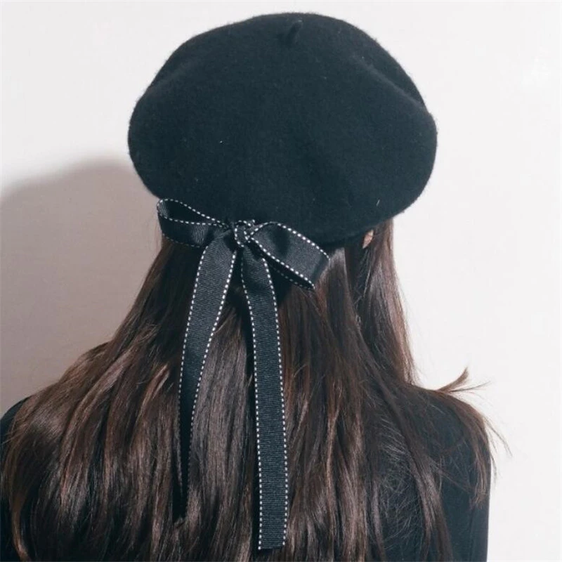 

Harajuku personality bow wool beret Korean version of the tide ladies autumn winter beret painter hat wild black Grey wine red