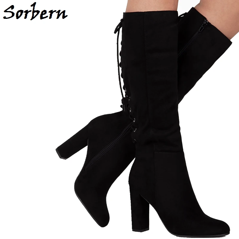

Sorbern Cross-Tied With Zipper Mid-Calf Boots Black Stilettos Spring Shoe For Women Block High Heels Custom Color Ladies Boots