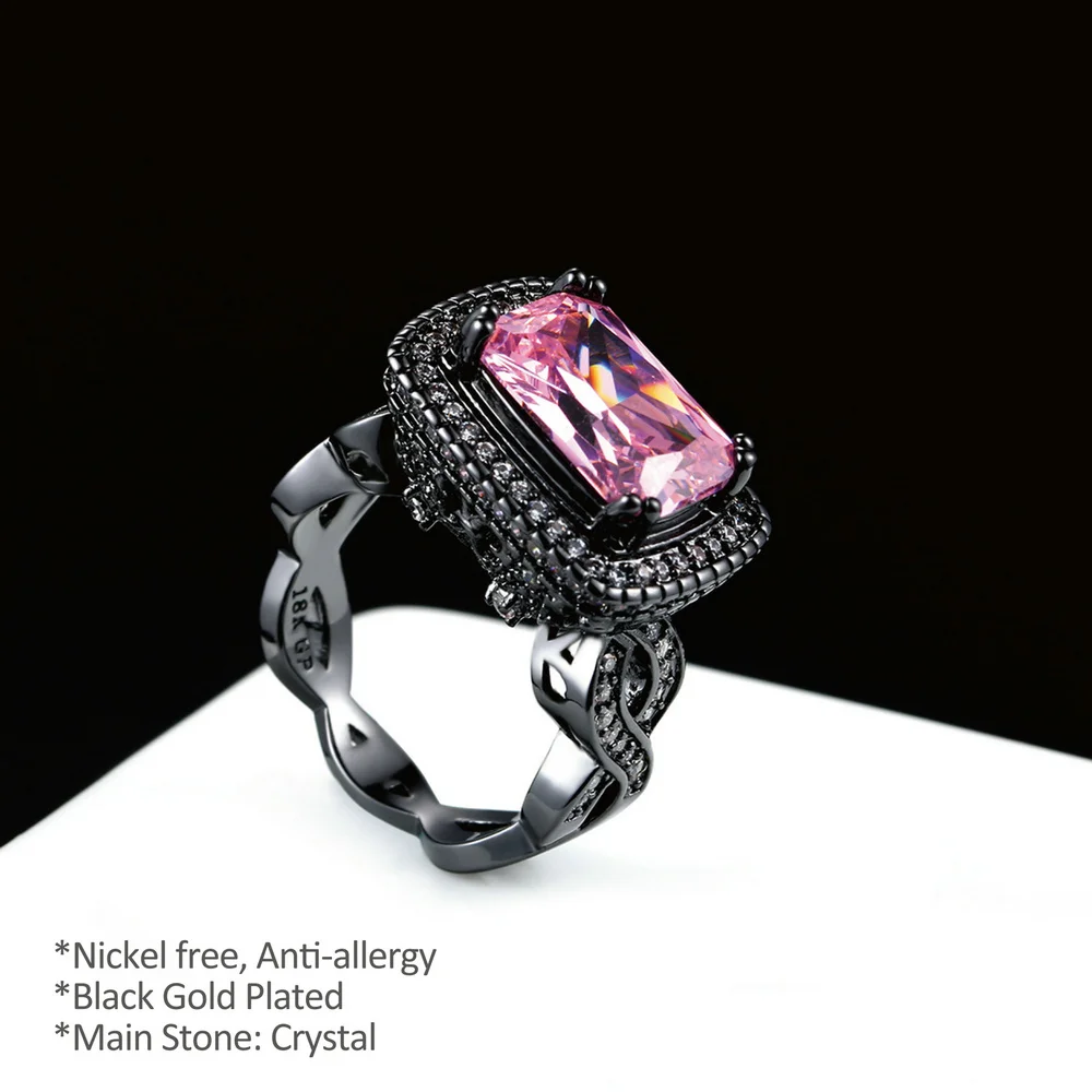 Double Fair Square Cut Black Gold Color Punk Ring Pink Cubic Zirconia Fashion Brand Cocktail Party Jewelry For Women GiftRX041DD