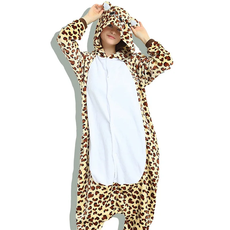 Cosplay Costume Flannel Pajamas Adults Anime Animal Onesies Sleepwear Kigurumi Women Men Unicorn Stitch Pikachu Winter Pajamas - Цвет: leopard