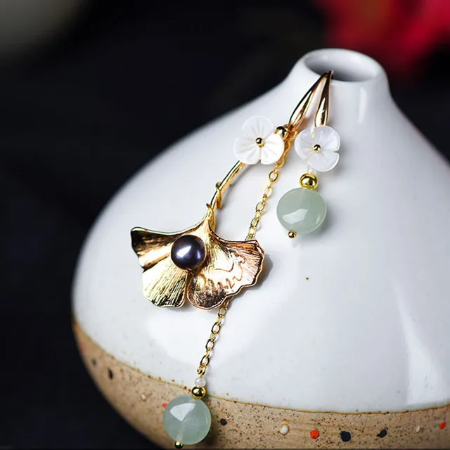 Pendientes únicos de hoja de Ginkgo Chapado en 14 k hermosas flores de concha elegante exquisita joyería étnica Pendientes únicos de hoja de Ginkgo Chapado en 14 k hermosas flores de concha elegante exquisita joyería étnica