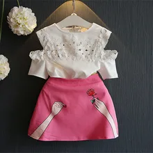 DFXD Summer Little Girls Outfits White Short Sleeve Embroidery Hollow Out Top+Pink Flower Print Skirt Girls Clothing Sets 2-8Y girls open shoulder flower embroidery top