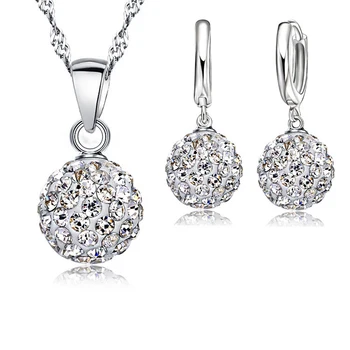 Austrian Crystal Pendant Necklace Dangle Earrings Elegant 925 Sterling Silver Disco Ball Wedding Jewelry Sets 2018 new arrival exaggerated big necklace and earrings jewelry sets austrian crystal for wedding or party ethnic free shipping