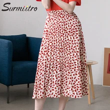 Surmiitro, Красная Шифоновая Длинная летняя юбка с цветочным принтом для женщин, весна, трапециевидная плиссированная женская школьная юбка с высокой талией