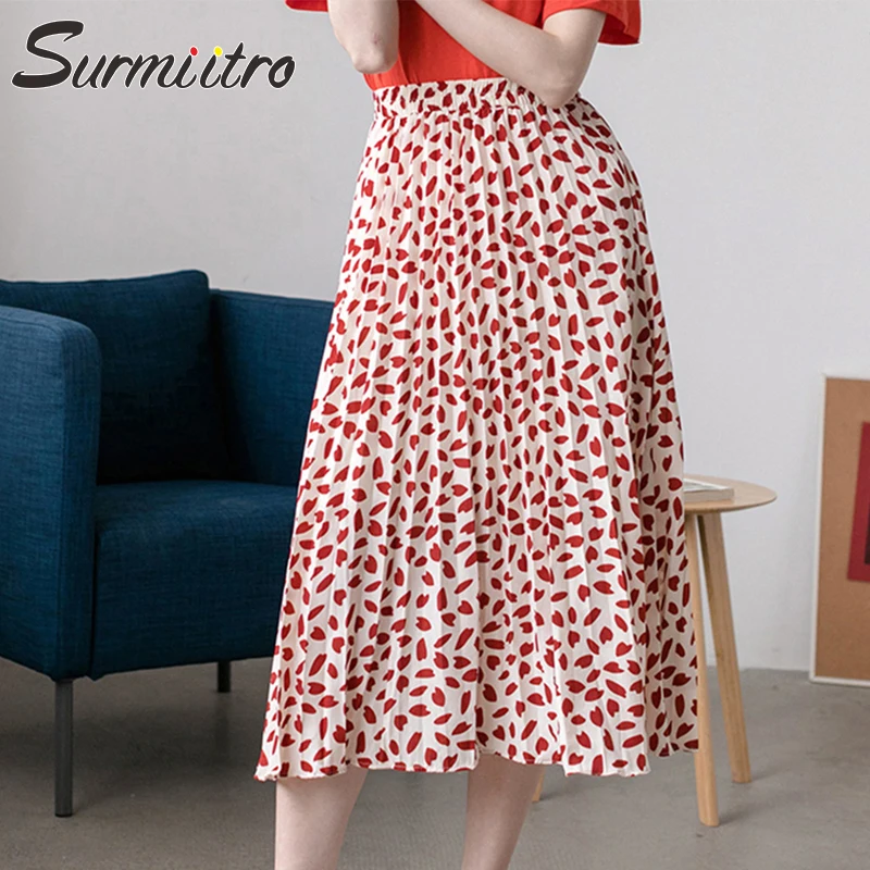 

Surmiitro Red Floral Print Chiffon Long Summer Skirt Women For 2019 Spring A-line High Waist Pleated Sun School Skirt Female