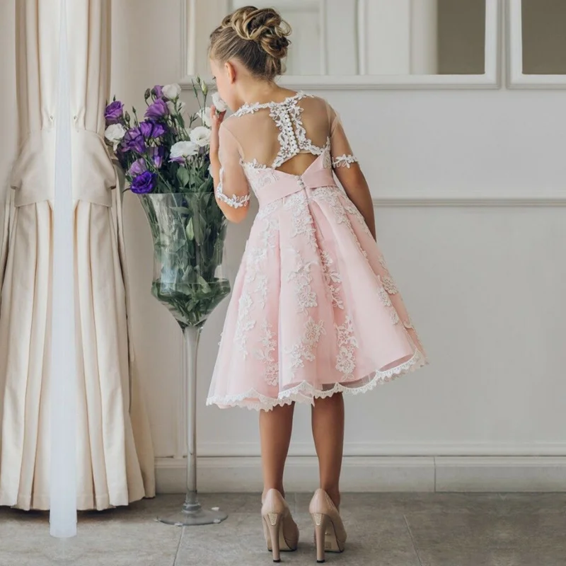 Розовые Платья с цветочным узором для девочек кружевные платья трапециевидной формы с короткими рукавами до колена для маленьких девочек, платья для первого причастия