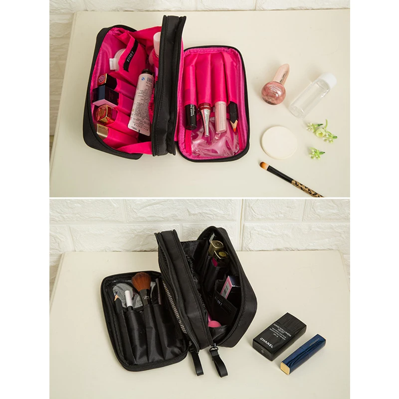السفر الجمال فرش أحمر الشفاه المنظم حقيبة قماش النايلون مزدوجة سستة التجميل حقيبة مزدوجة السفر غسل تشكل الإمدادات أكياس