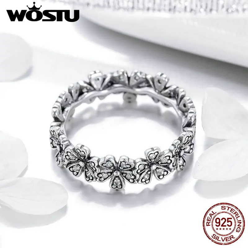 WOSTU 100% Real 925 Sterling Silver Dazzling Stackable Daisy Floral Wedding Rings For Women Dropshipping Fashion Jewelry CQR397