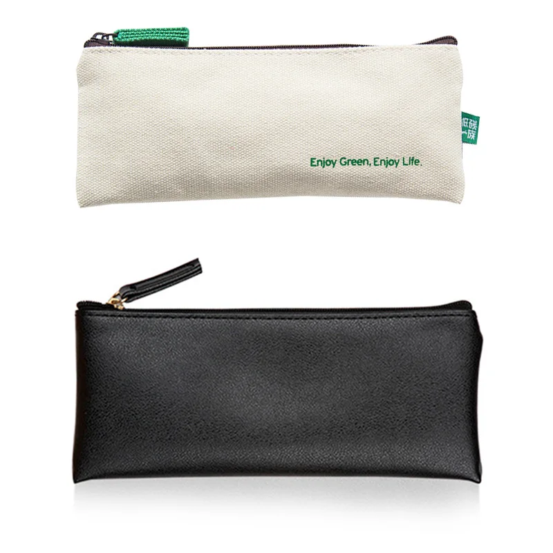 

PU Leather Linen Simple Pencil Case, Black Small Stationery Zipper Pouch