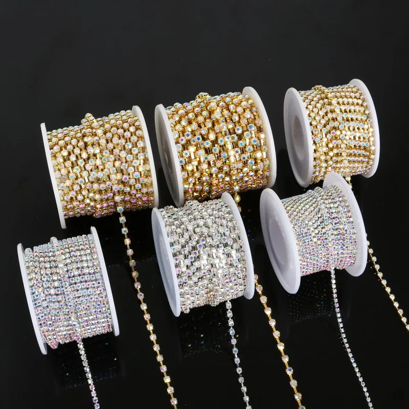 

New Arrival 10yards/roll Charming Rhinestone Chain Clear Rhinestone Silver/gold Plated Chain Craft Apparel Sewing for DIY Cloth