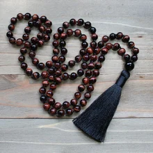 Tigre vermelho olho colar jóias de luxo 108 mala contas com preto borla colar mão atada colares yoga presente para homem