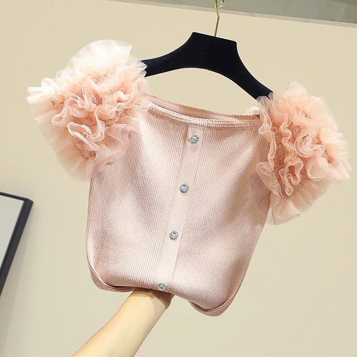 

Women Soild Knitted Single Button 3D Flower Sleeve Jumper Tops Sweaters Pretty Girls Woman Knit Pullovers